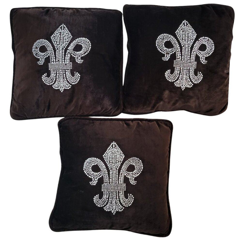 Grandin Road Chocolate Brown Velvet Fleur de Lis Throw Pillows - 3